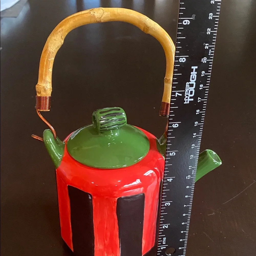 Whimsical Red and Green Ceramic Handpainted Teapot with Bamboo Handle.